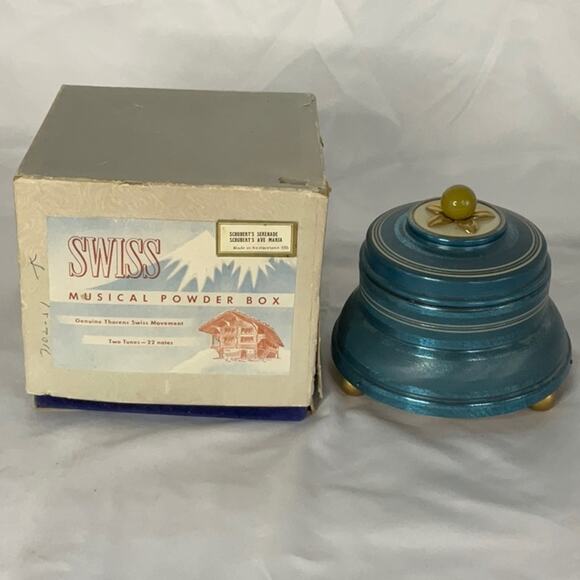 VTG IOB SWISS MUSICAL BLUE ROUND POWDER BOX PLAYS SCHUBERTS SERENADE AVA MARIA - Picture 1 of 11